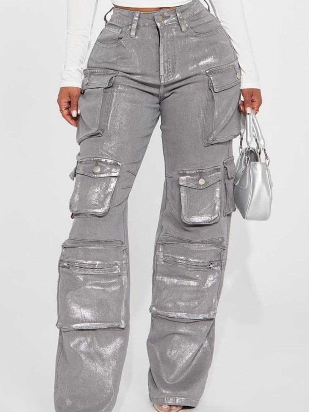Fashion Nova Silver Gray Cargo Wide-Leg Pants